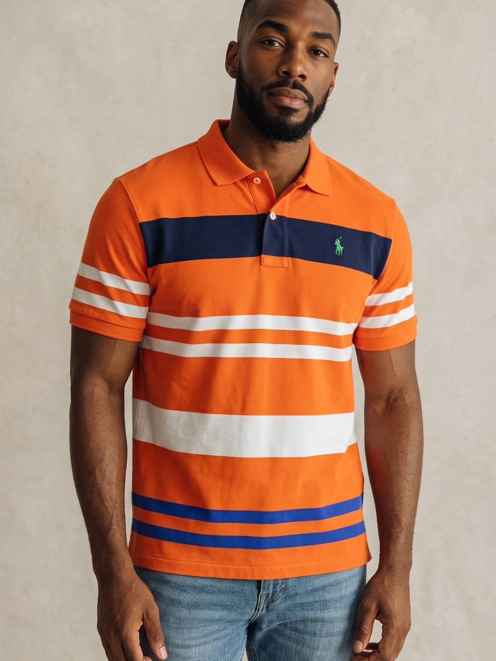 Polo Ralph Lauren Men's Orange Navy and White Striped Short Sleeve Polo Shirt